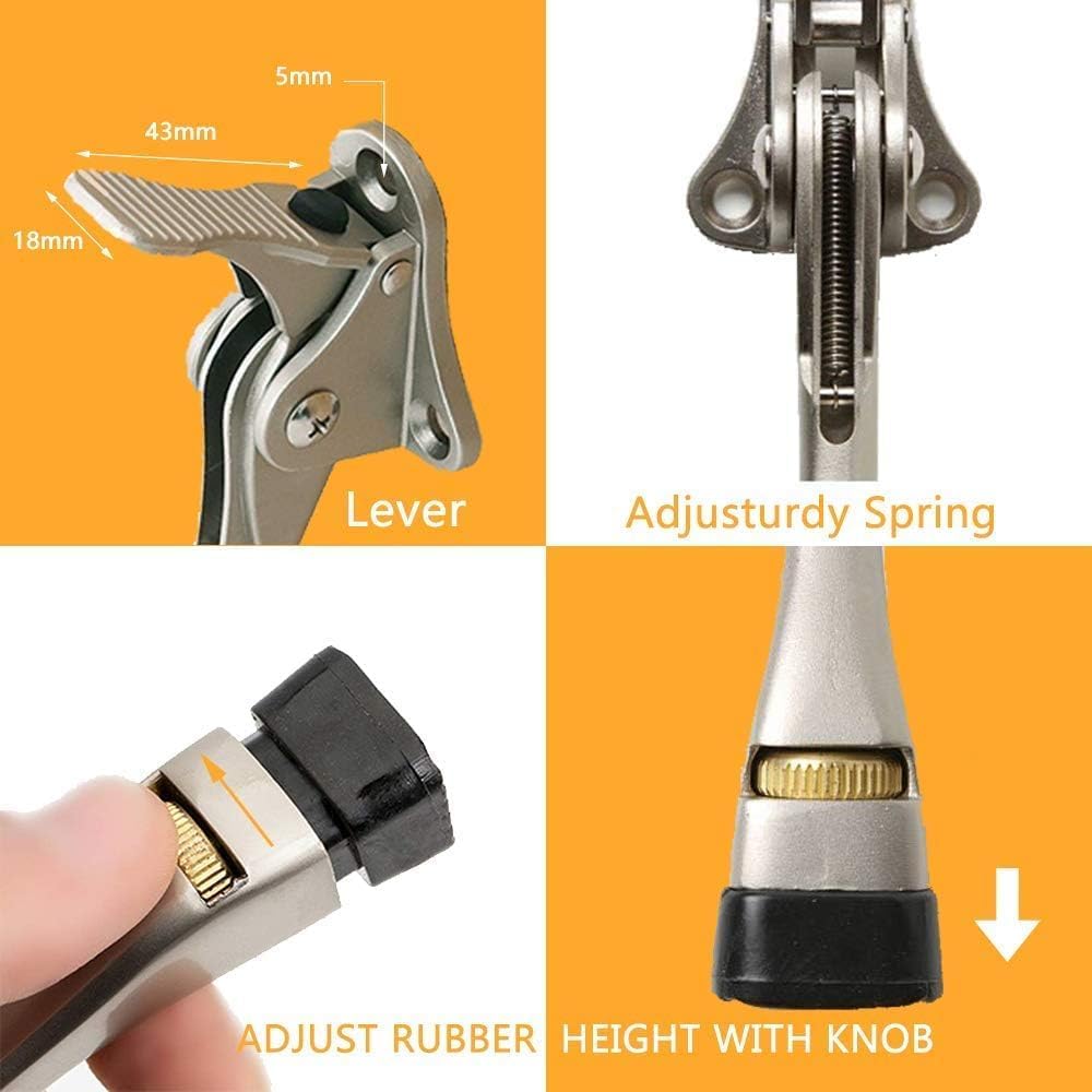 Door Stopper 4 Packs - 4 Inch Kickdown Door Stoppers for Bottom of Door, Adjustable Height One Touch Metal Heavy Duty Door Stop with Rubber Tip, Door Holder, Door Stops, Easy to Install