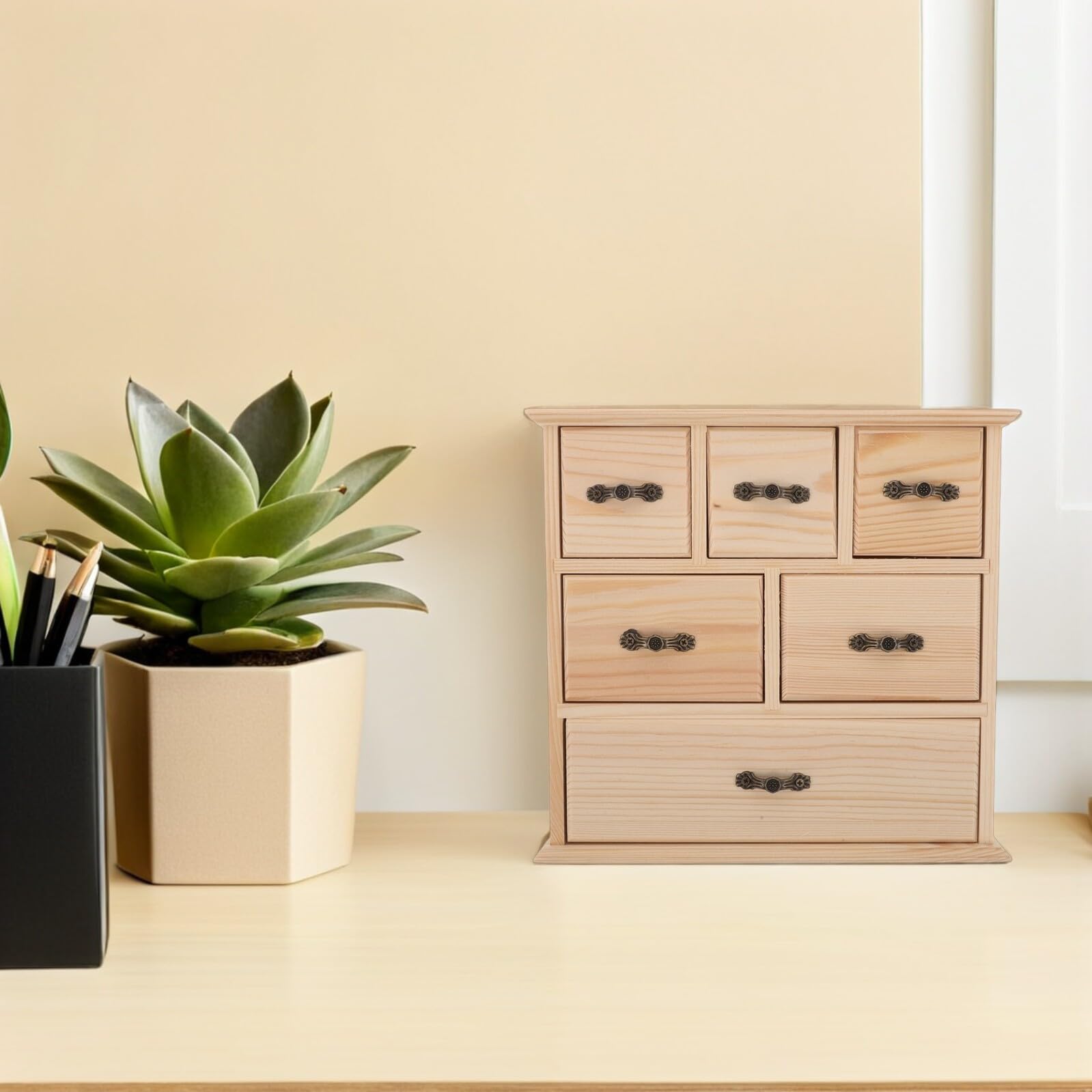 Organizador de Escritorio de Madera Natural con 6 Cajones Mini Caja de Almacenamiento para Oficina y Papelería Compacto para Escritorio y Encimera Solución Práctica para