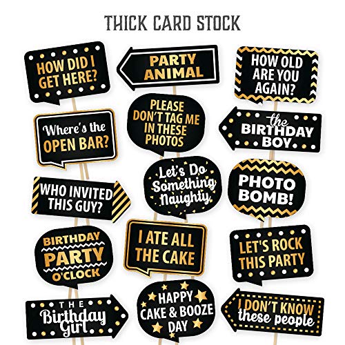 Happy Birthday Photo Booth Props By Partygraphix - European Made Black And Gold Selfie Props Birthday Decorations - Easy To Assemble Birthday Party Selfie Prop Kit Includes 15 Pieces #TOP1