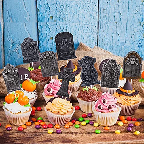 48Pcs Halloween Cupcake Toppers Tombstone Cupcake Toppers Halloween Food Picks Halloween Cupcake Decorations Skeleton Cupcake Toppers Hocus Pocus Cupcake Topper Decorations #TOP1