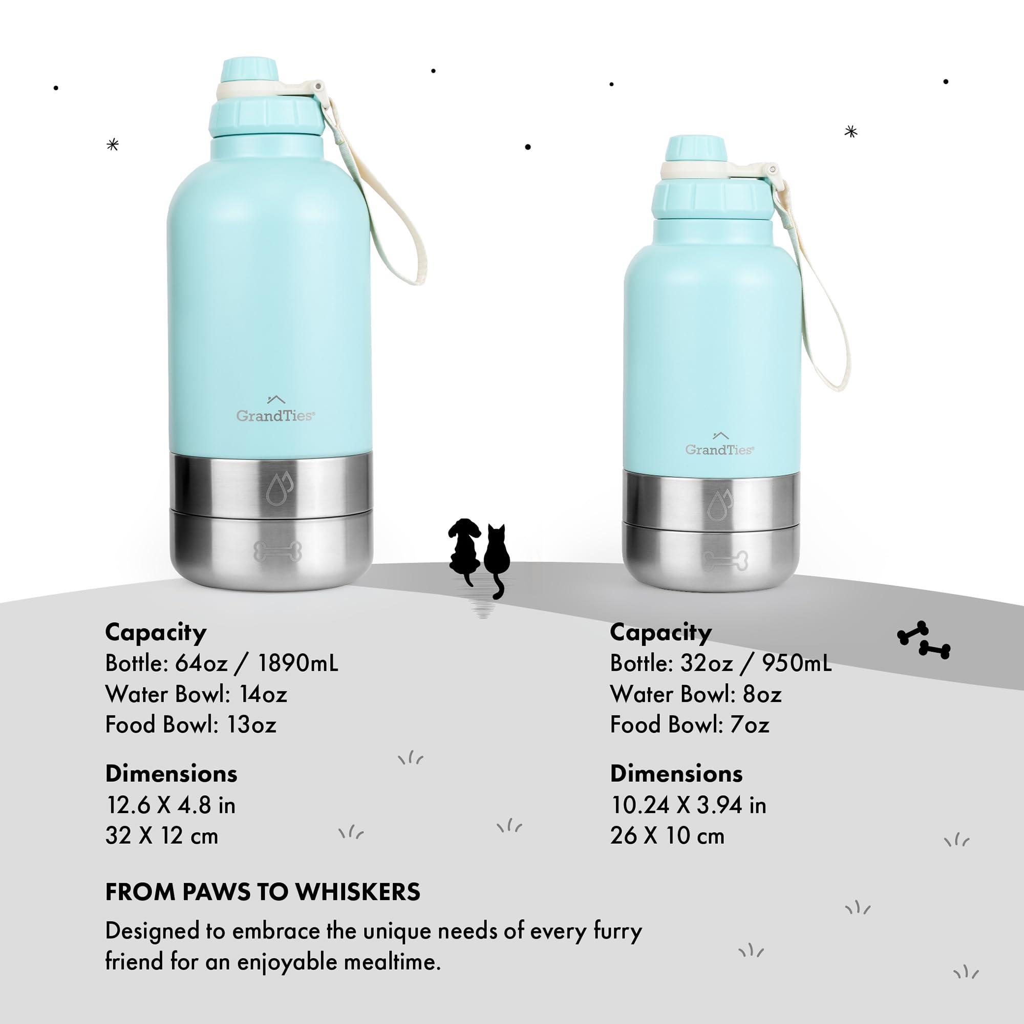 GrandTies Borraccia portatile isolata per cani con 2 dispenser per l'acqua staccabili, a prova di perdite, accessorio per cani per passeggiate, escursionismo, campeggio (907,2 g, verde polvere)