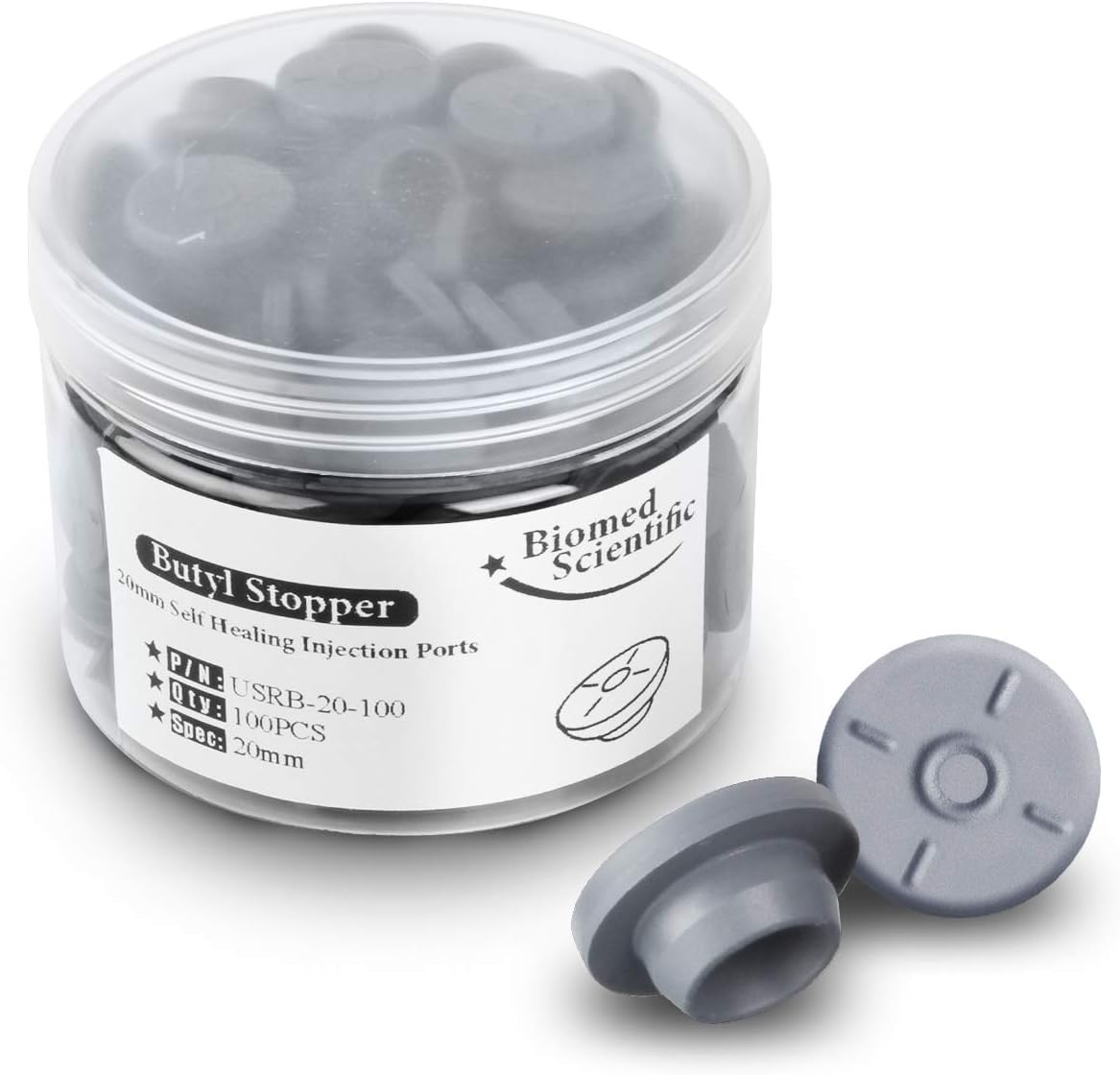100Pcs 20mm Self Healing Injection Ports,vials Rubber stoppers,Butyl Cap for Glass Bottle& Mushroom Liquid Culture Mason Jars by Biomed Scientific(Grey）