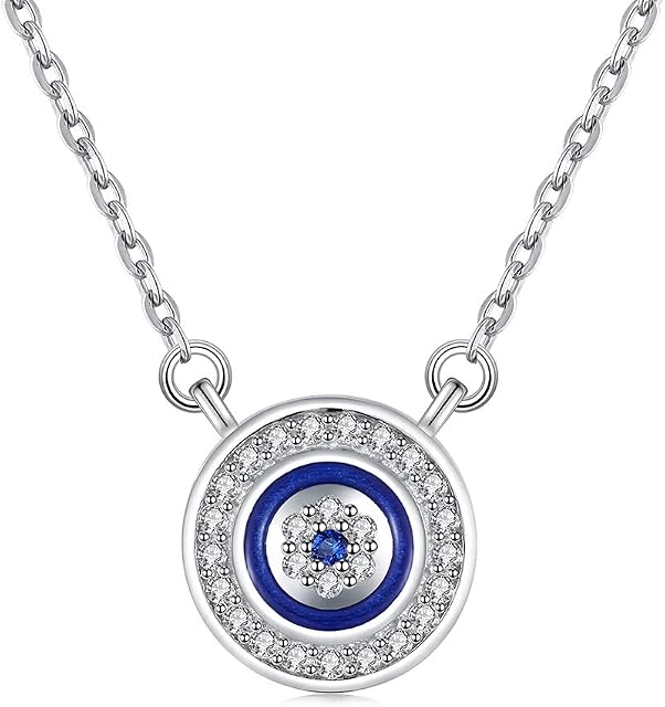 Round Blue Evil Eye Pendant Necklace Sterling Silver 925 Cubic Zirconia Adjustable Chain 16"+2" Extender