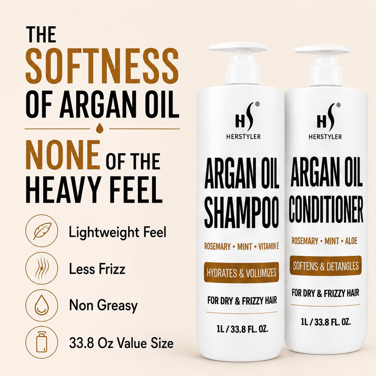 HerStyler Argan Oil Shampoo & Conditioner Set, Rosemary Mint, 33.8 Fl Oz
