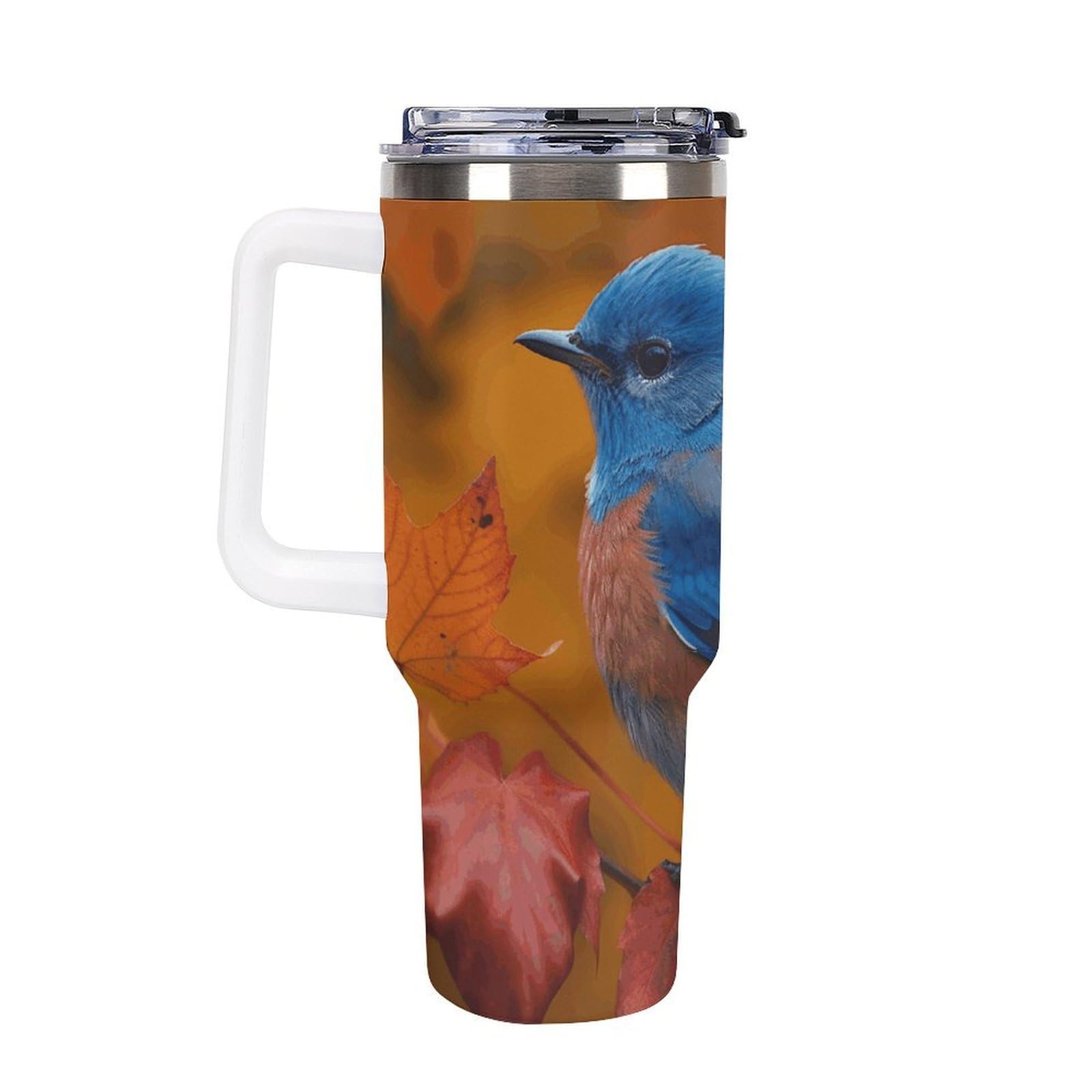 Autobecher aus 304 Edelstahl, 1,2 l, blauer Vogel und Blätter, Becher mit Strohhalm und auslaufsicherem Deckel, großes Fassungsvermögen, vakuumisolierter Reisebecher für Auto-Becherhalter