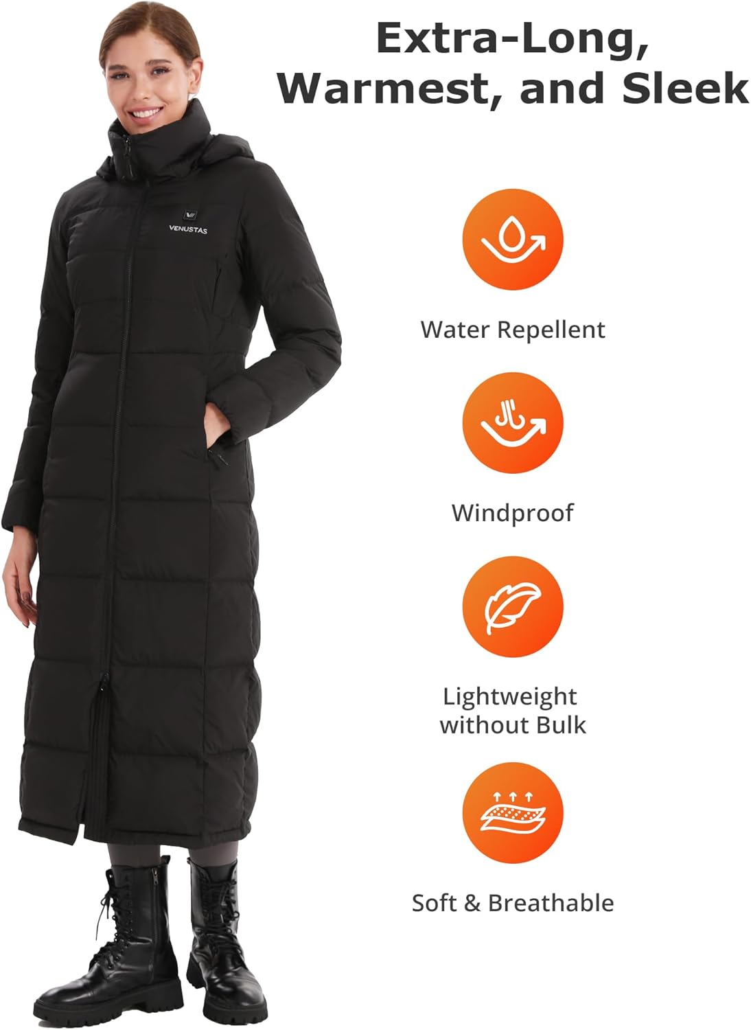 Venustas Women's Maxi-Length Heated Down Jacket, Recycled Long Electric Winter Puffer Coat with Battery - Image 2