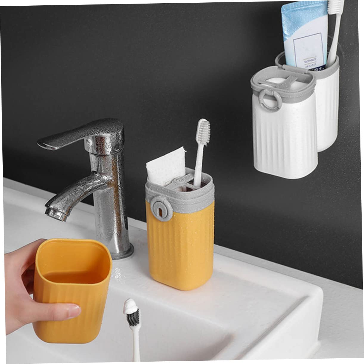 FRCOLOR Set di 4 bicchieri per bocca da viaggio, piccolo portaspazzolino da viaggio, set di spazzolini da denti, supporto per dentifricio per bambini, porta spazzolini, custodia da viaggio per