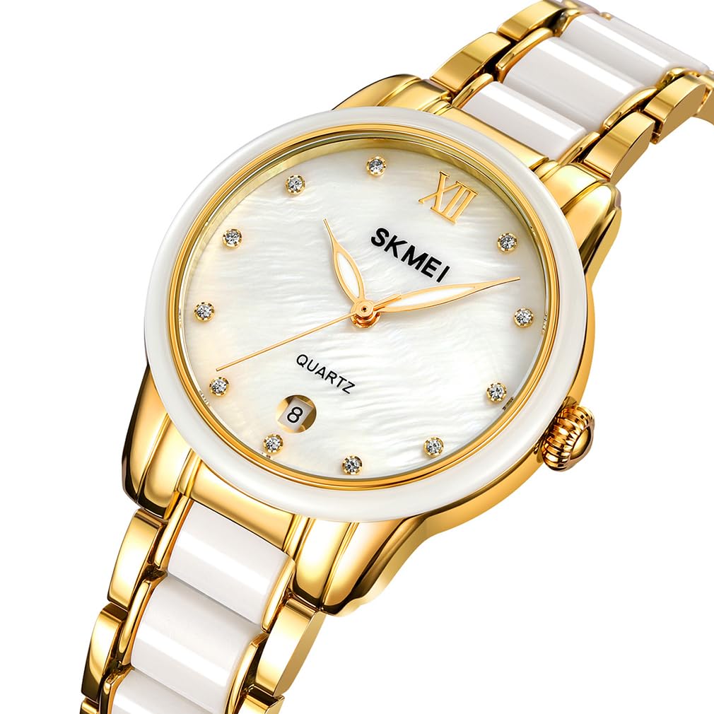 SKMEI Montres pour femmes mode robe luxe dames femme simple d'affaires étanche céramique inoxydable analogique quartz élégant or blanc montre-bracelet