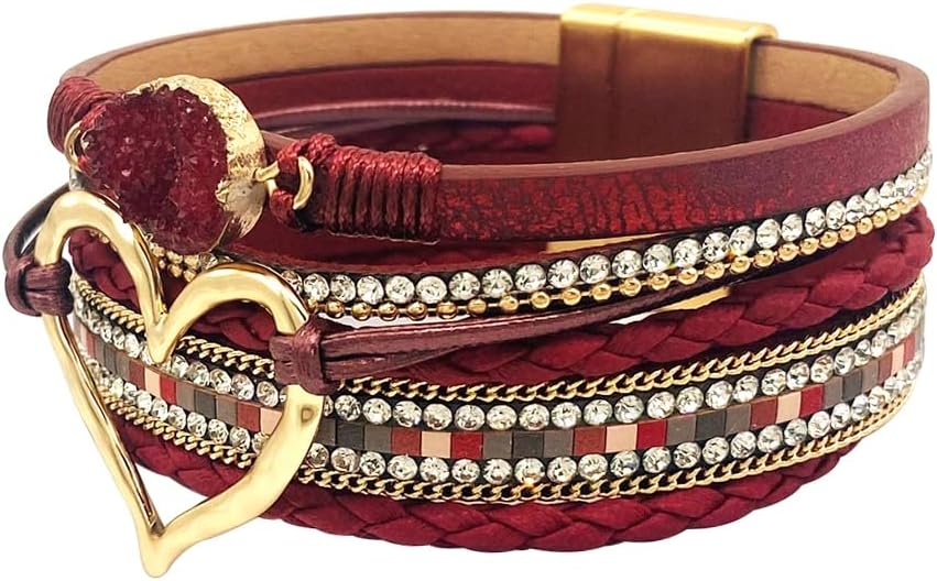 P Ammy Fashion® Women's Multi-layer Love Heart Leather Wrap Bracelets Stackable Boho Bangles Bohemian Cuff with Magnetic Clasp Jewelry Gift - Image 4