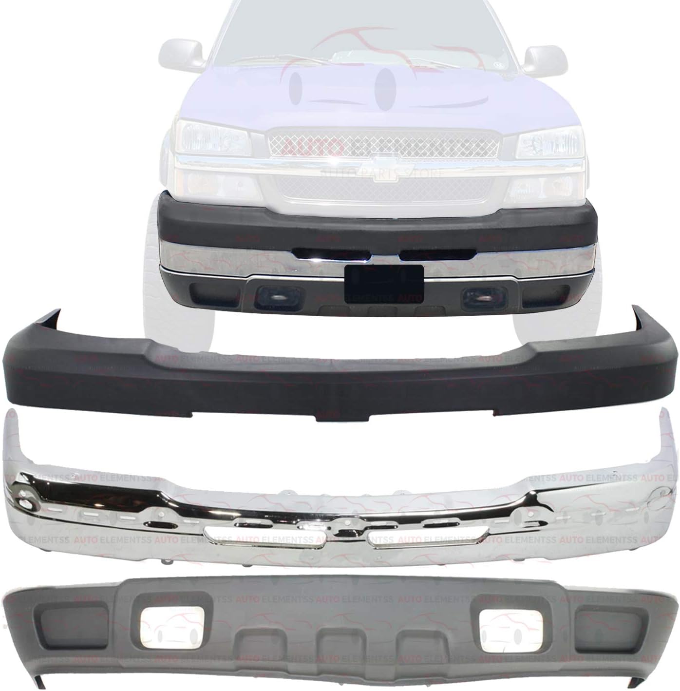 Front Bumper Face Bar Chrome + Upper Cover + Lower Valance Air Deflector For 2003-2006 Chevrolet Silverado 2500HD 3500 Direct Replacement