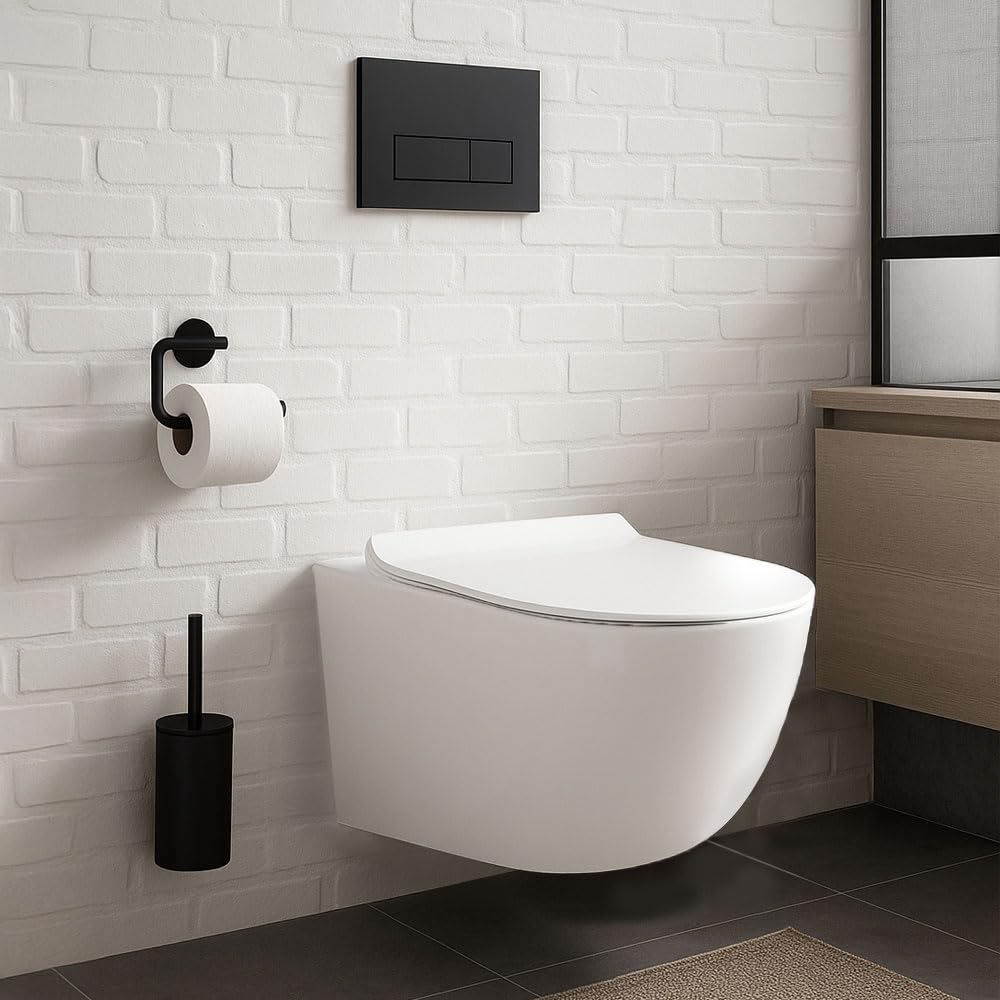 WC Suspendu Blanc Sans Bride avec Fixations Invisibles + Abattant Ultra Fin Déclipsable + Frein de Chute (Blanc)