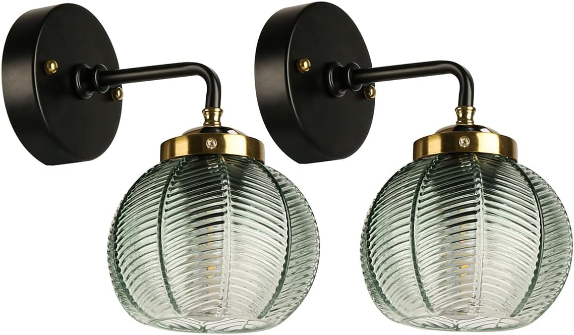 Bathroom Light Fixtures Gold Black Bathroom Vanity Light Over Mirror,Mid Century Art Deco Wall Lamp with Green Ribbed Glass Shade Vintage Modern Sconce for Bedroom Hallway 2-Pack Green-2