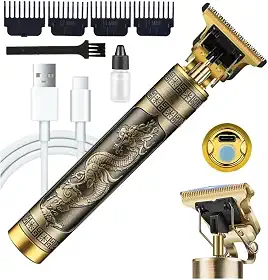 Máquina Maquininha de Cortar Cabelo Barbear Detalhe Pezinho Acabamento Dragão Vintage Profissional Recarregável USB Kit