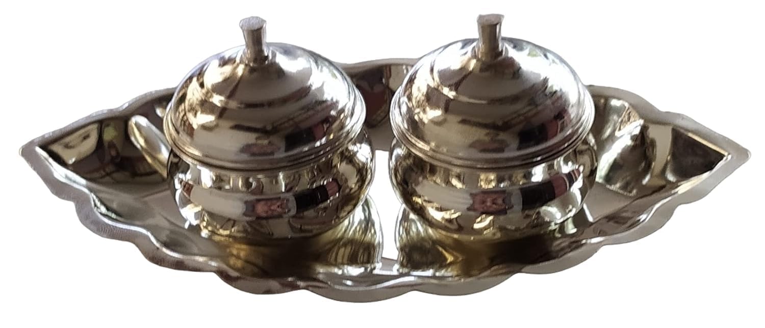 Pure German Silver Haldi Kumkum Box Set Kumkum Set, Premium 5 Inch (L)* 3 Inch (H) Haldi Kumkum Set with Plate for Pooja Purpose or Gifting Silver Plated Size (5 X 3 X 2) Set of-1PCS (Antique)-picture-19