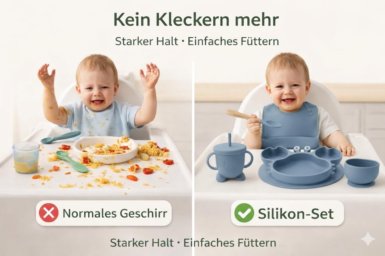 Eliano Lot de 6 assiettes en silicone pour bébé avec assiette crabe – Vaisselle antidérapante pour bébé avec ventouse, gobelet avec paille, cuillère, fourchette et bavoir – Sans BPA, passe au