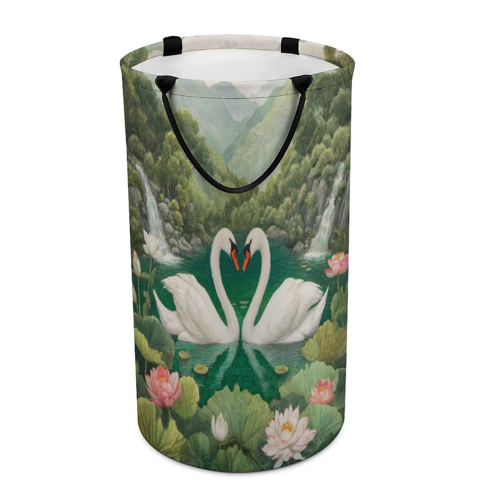 LUYYSKY Classic Elegant Swans Couple Collapsible Dirty Clothes Basket, Beautiful Abstract Waterfall Animals Swans Plants Lotus Flowers Portable Clothes Storage Basket