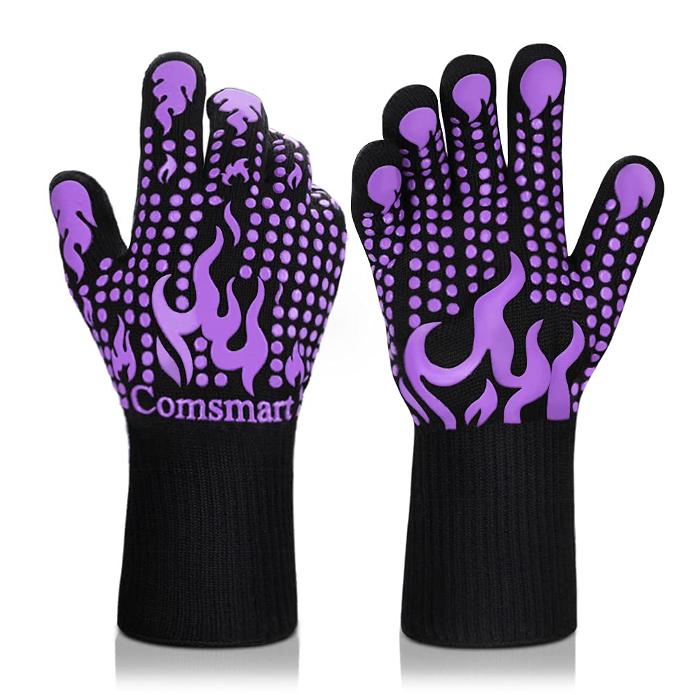 Comsmart BBQ Gloves, 1472 Degree F Heat Resistant Grilling Gloves Silicone Non-Slip Oven Gloves Long Kitchen Gloves for Barbecue, Cooking, Baking(Purple)