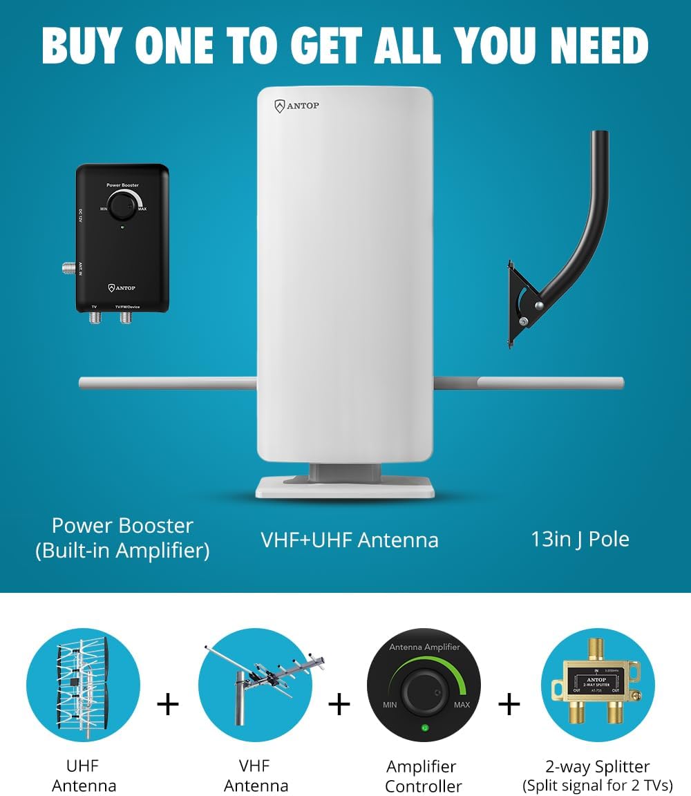TV Antenna ANTOP 2024 Digital Antenna for Smart TV Indoor Outdoor with Mounting J Pole & Signal Booster, Support HD 4K 1080p VHF UHF,with Amplifier & Filter 40ft Coax Cable, AT-800SBSJ