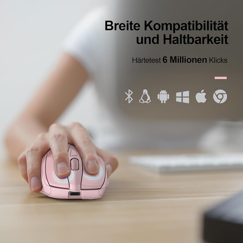 TECKNET Bluetooth egér, újratölthető vezeték nélküli egér, 4800 DPI, ergonomikus, csendes, rózsaszín