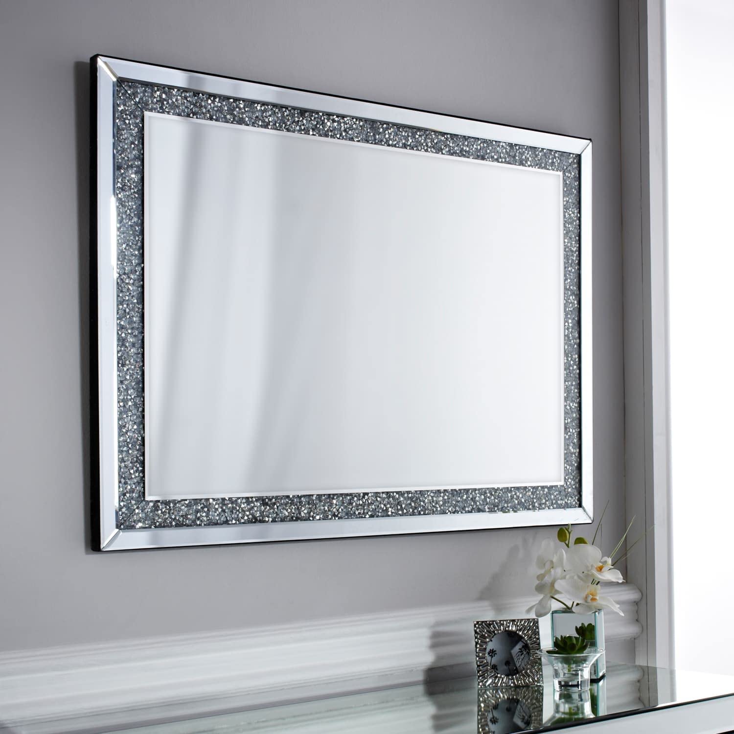 New Stunning Design Silver Crushed Jewel Wall Mirror Gift Wide Jewel Strip Any Room Home Decor - 60 x 90cm