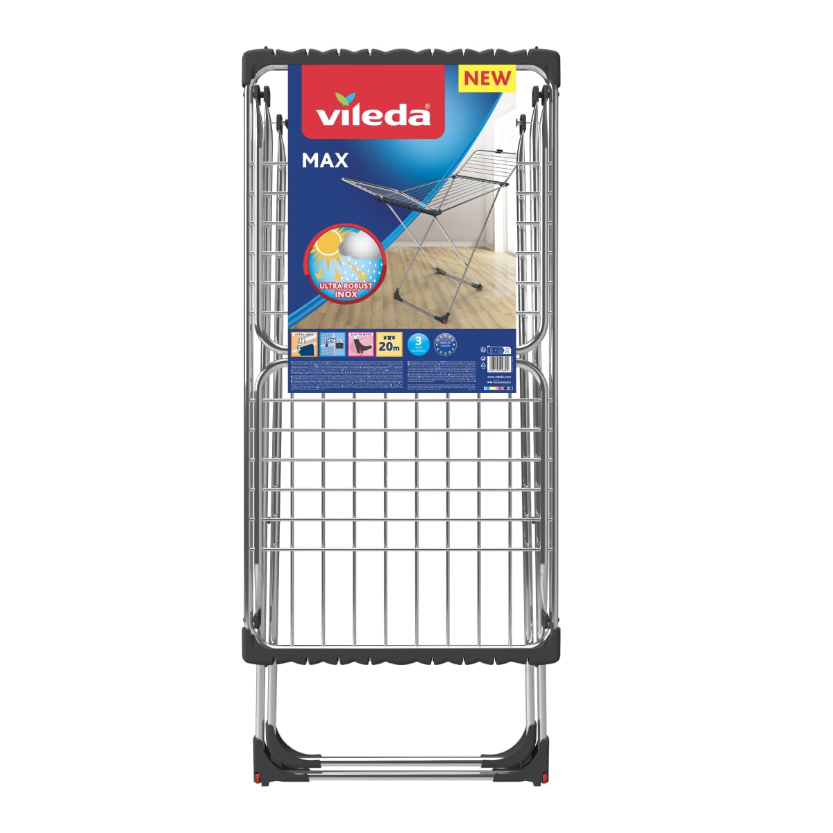 Vileda Max | Stendibiancheria in acciaio inox | Fili grossi anti-piega | Griglia in alluminio | Per interni ed esterni | Pieghevole