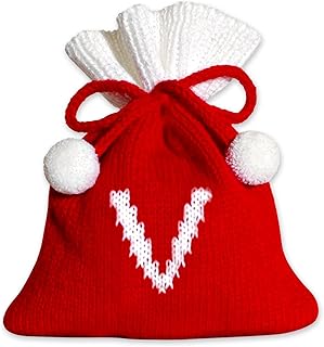 Christmas Knit Drawstring Gift Bag Xmas Red and White Santa Sack with Alphabet Letter Design Reusable Wrapping Bag for Xmas Candy Goodie Party Favor 6.5 x 5.1 Inch Letter V