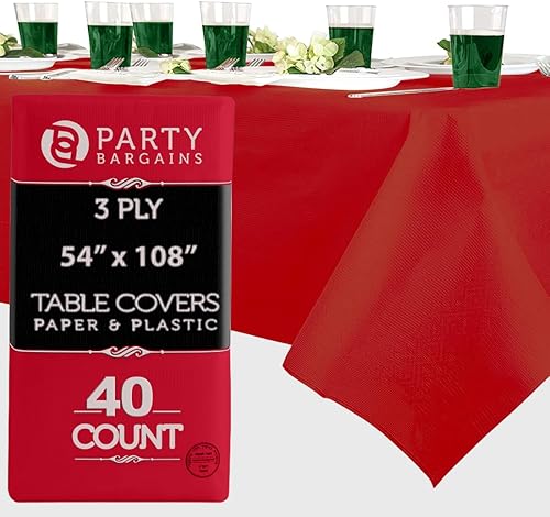Miniatura 9 de PARTY BARGAINS Manteles de mesa desechables, 54 x 108 pulgadas, color rojo, 3 capas de papel y plástico, resistentes a derrames, 5 unidades