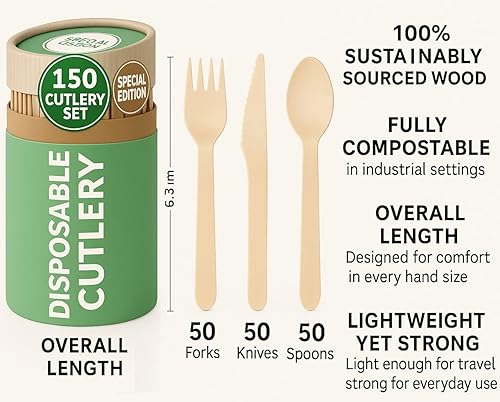 Miniatura 2 de Juego de tenedores desechables de madera (100 unidades), alternativa al plástico, ecológico, biodegradable, compostable, juego de cubiertos