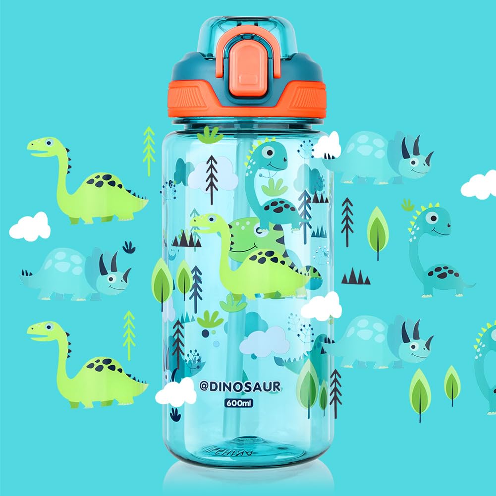 Flintronic 600ML Gourde Enfant avec Paille, Bouteille Enfant avec Poignée, Anti-Fuite, sans BPA Tritan pour l'école Sport (Vert-Dinosaures)