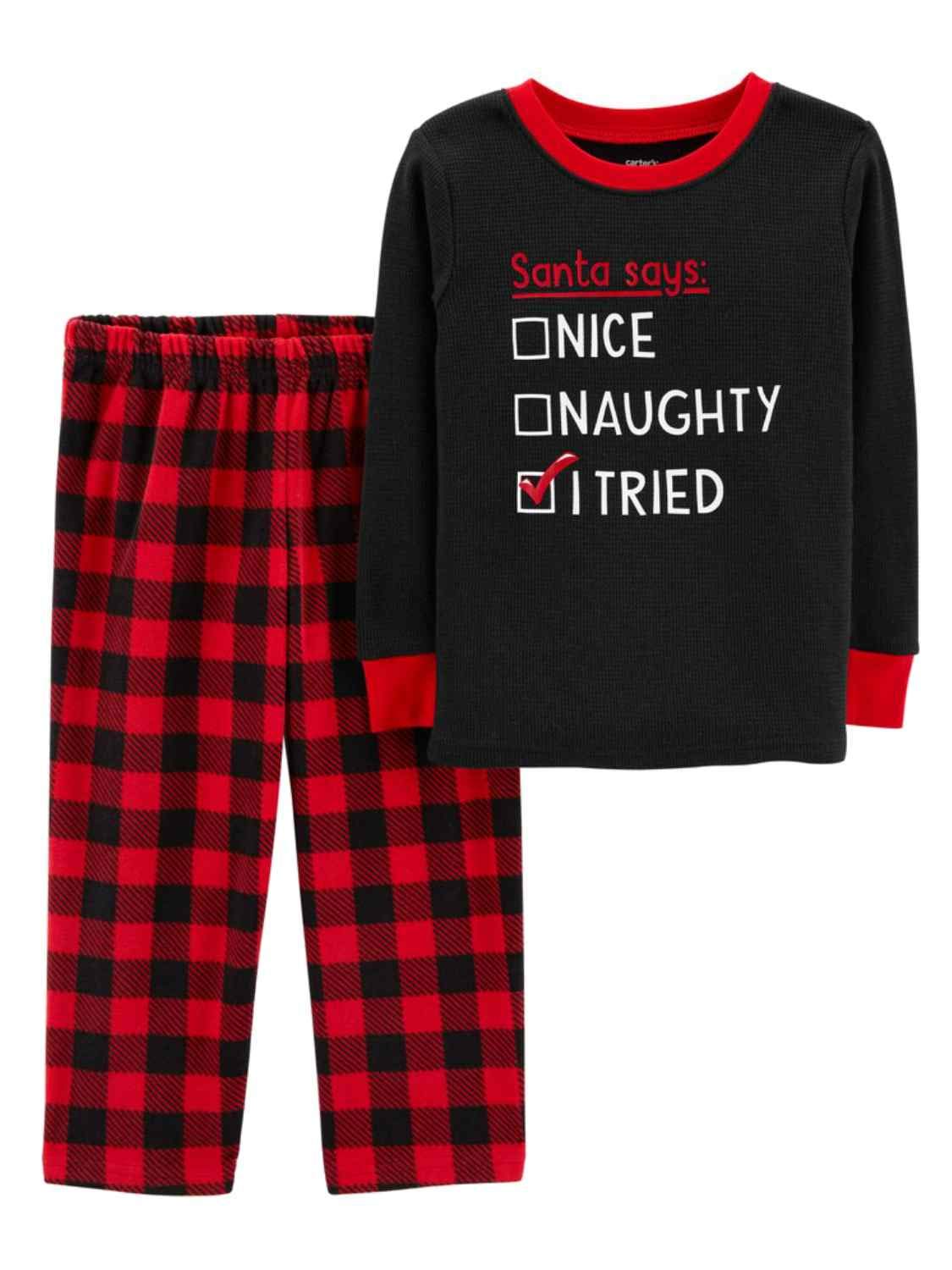 Carter's Baby Boy Santa Naughty Nice Top & Buffalo Plaid Microfleece Bottoms Pajama Set, Multi, 12 Months