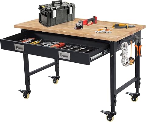 Workbench 48 x 24 Adjustable Height Worktable with Heavy Duty Rubber Wood Top, T