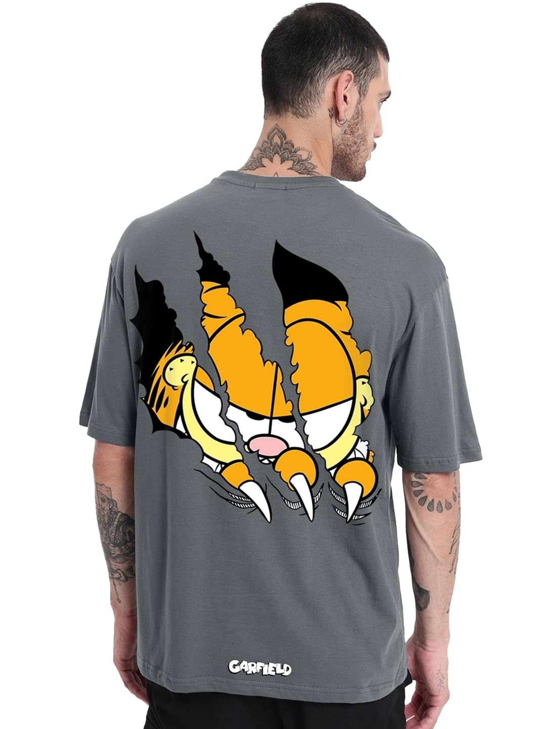 BewakoofOfficial Garfield Merchandise Men's 100% Cotton 220 GSM Graphic Print Oversized Fit Round Neck T-Shirt