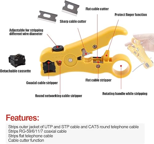 Miniatura 4 de Hilitchi Herramienta de compresión coaxial 5 en 1 con manual de instrucciones (idioma español no garantizado), cable coaxial, pelacables RG6, RG59,