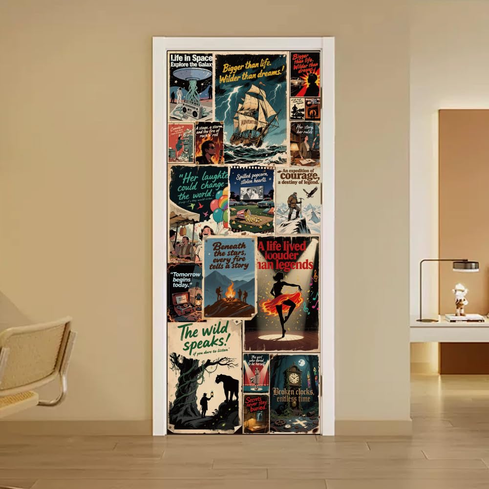 arricraft 2 Pcs Self-Adhesive Door Stickers, 31.5"x78.7" Retro Movie Posters Pattern Door Murals Stickers PVC Doors Removable Wallpaper Decoration for Bedrooms Living Room Home Decoration