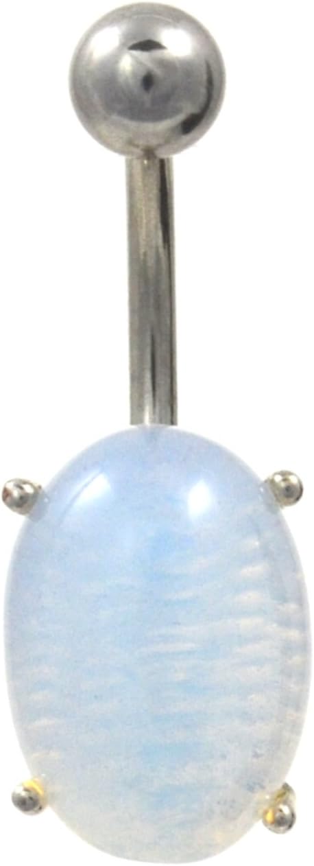 Huge Oval Opalite Navel Ring White Rainbow Tint Belly Button Piercing Jewelry
