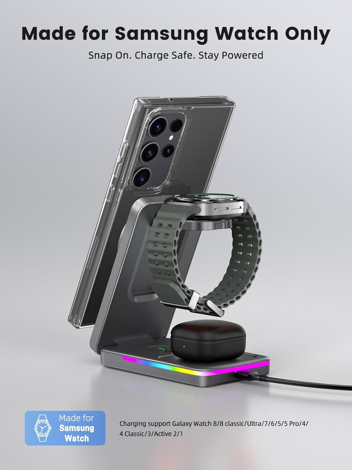 Magnetic Wireless Charger for Samsung Galaxy S26 Ultra, 3 in 1 Wireless Charging Station for Samsung Watch 8, Travel Foldable MagSafe Charger Stand for Android S25 Ultra/Z Fold/Z Flip 7, Buds 4 Pro