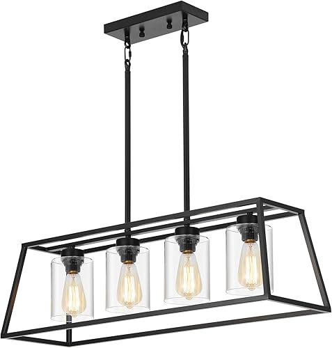 Senyshilon Lámparas de comedor sobre mesa, iluminación de isla de cocina, candelabros negros de granja para comedor, 4 luces con vidrio transparente