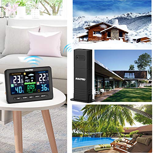 RISEPRO Wireless Weather Station with Outdoor Remote Sensor in/Out Temperature and Humidity Alarm Clock Calendar Thermometer Forecaster with Color LCD Display