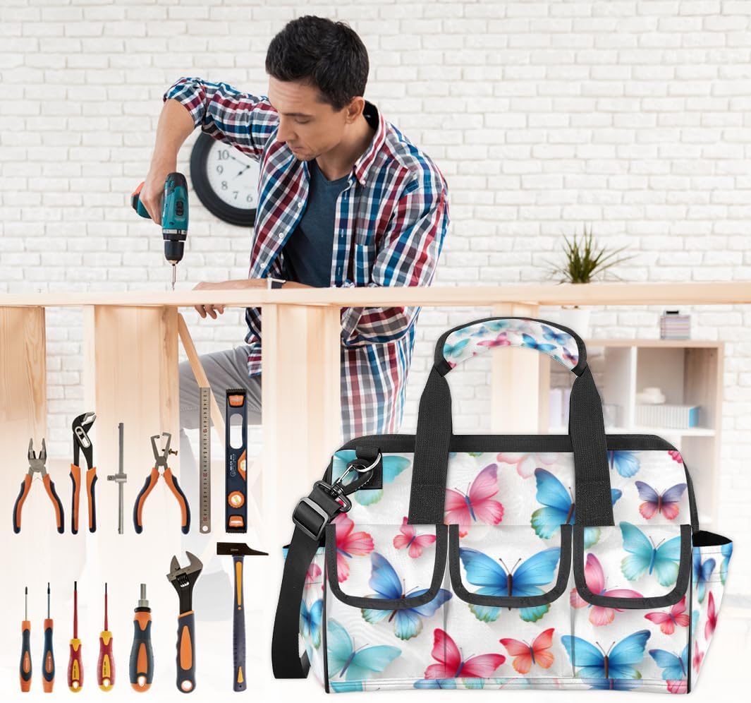 Cute Colorful Butterflys Tool Bag with Multi-Pockets Wide Mouth Tool Tote Bag for Women and Men Waterproof Tool Organizer Storage Bag with Adjustable Shoulder Strap and Ergonomic Handle