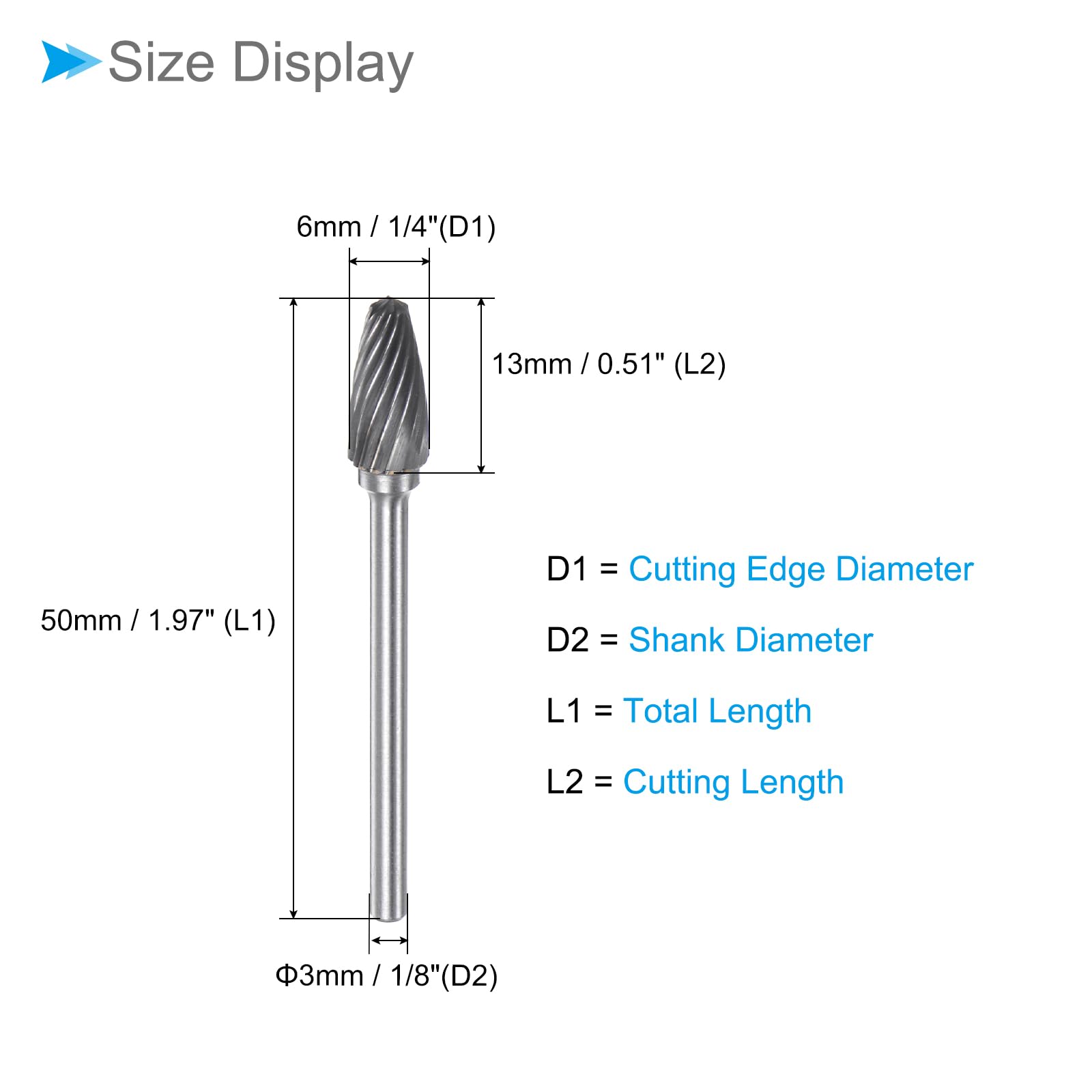 CoCud Tungsten Carbide Rotary Burrs File, 1/8" Shank 6mm Dia, Single Cut F-Shape Rotary Burrs Tool - Image 2