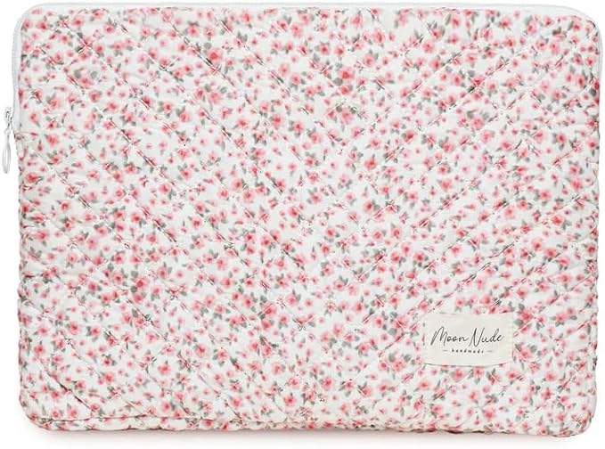 Moon Nude Laptop Sleeve Quilted Padded Case – Carrying Pouch for 13 to 14 Inch Laptops Tablet, Soft Slim Protective Case with Divider, Cute Washable Computer Travel Bag - Peony
