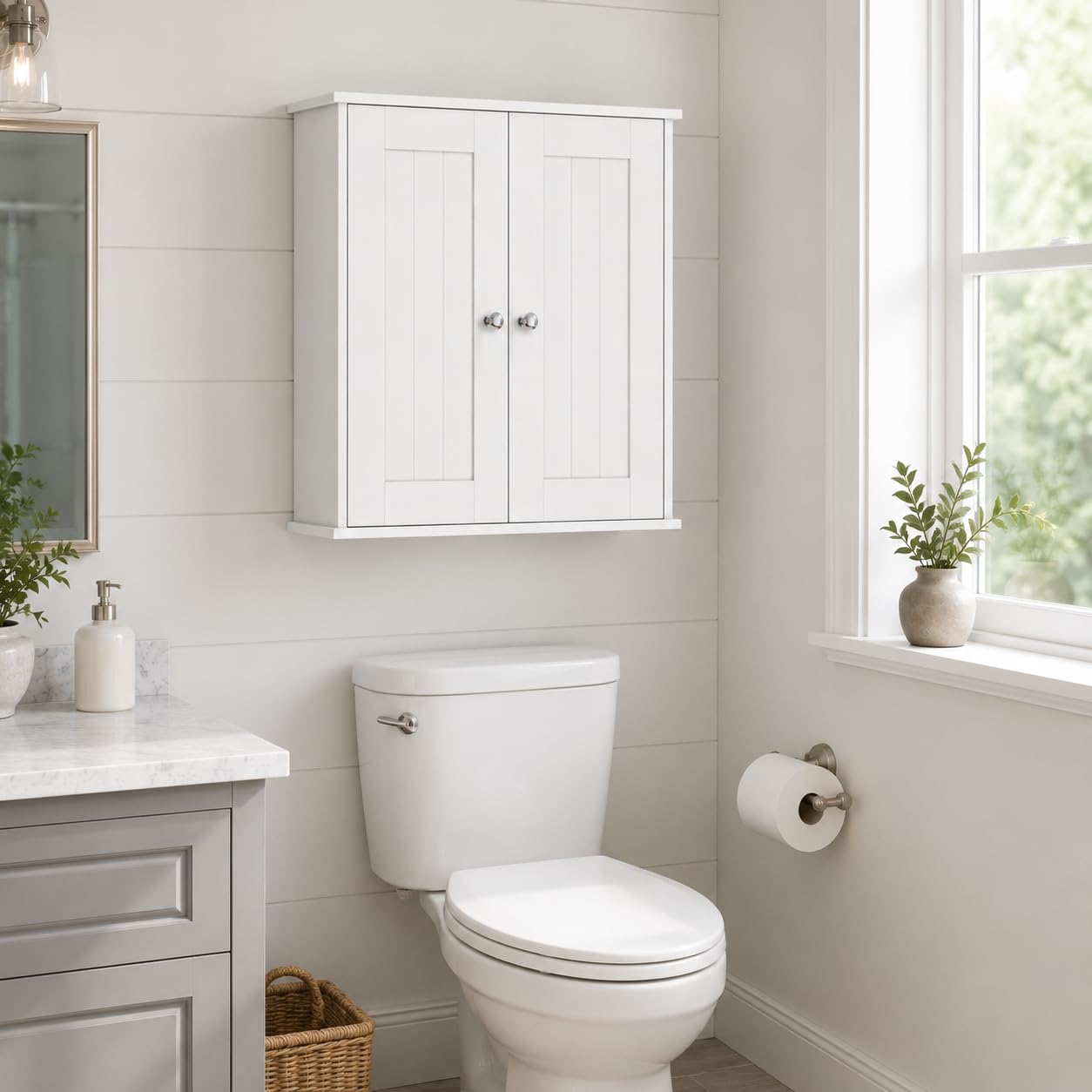 Armoire Murale de Salle de Bain à 2 Portes, Blanche | Étagères réglables, rangement au-dessus des toilettes, pour salle de bain, cuisine, entrée et buanderie