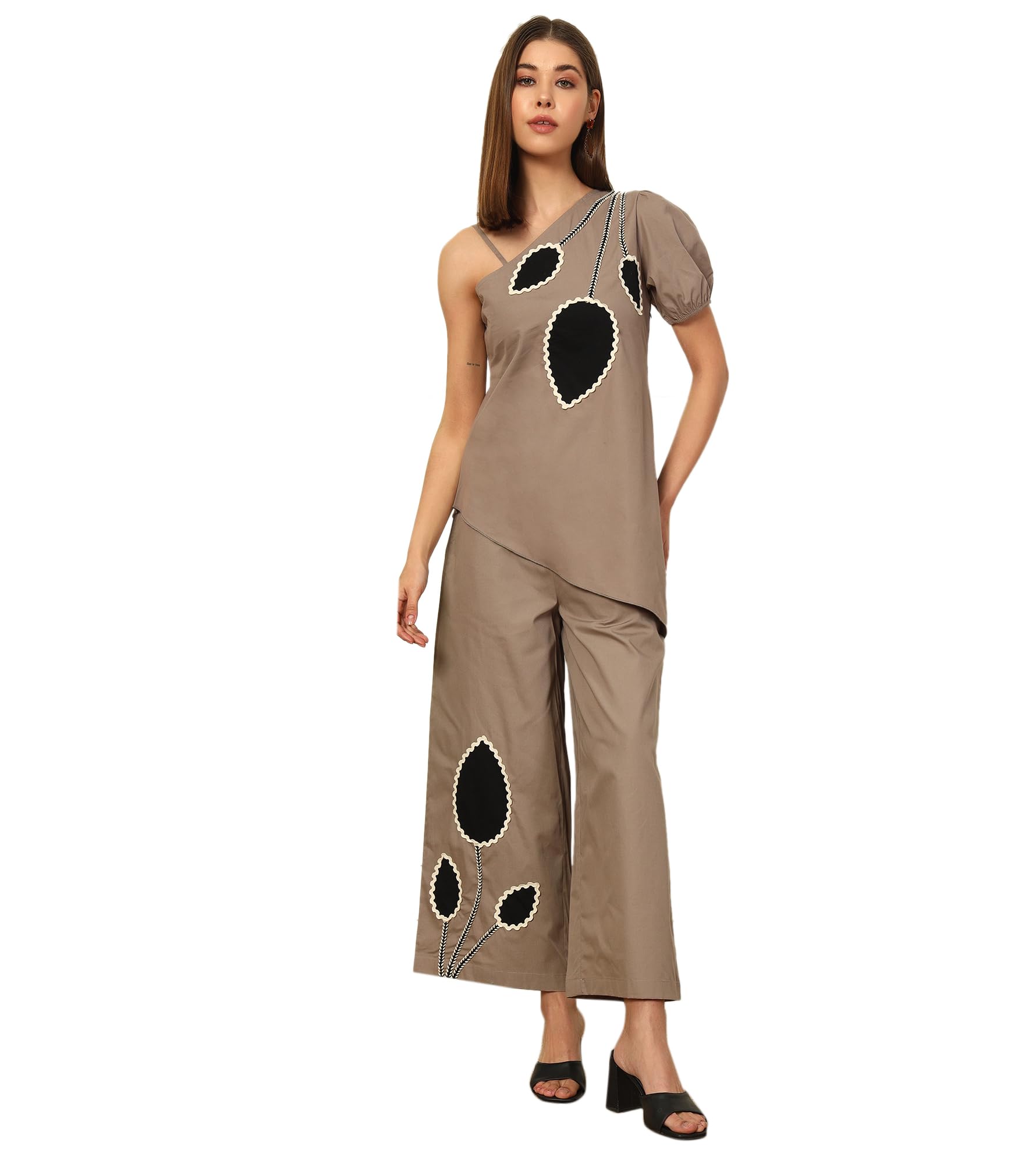 Solid Cotton Asymmetric Tunic With Pants Women's Co-Ord Set|Puff Sleeves One Shoulder Long Length Regular Fit Summer Western Casual Wear Ladies Cord Set