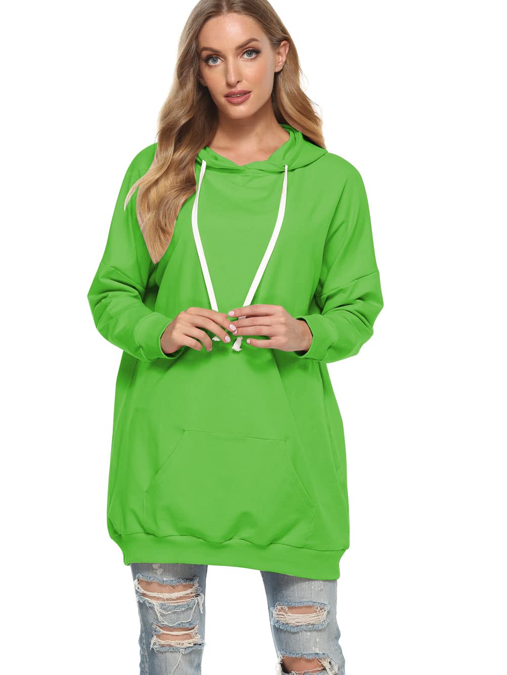 Famulily Robe sweat à capuche surdimensionnée pour femme - En coton - Longue - Avec capuche - Couleur unie - Avec poches et cordon de serrage, vert, L