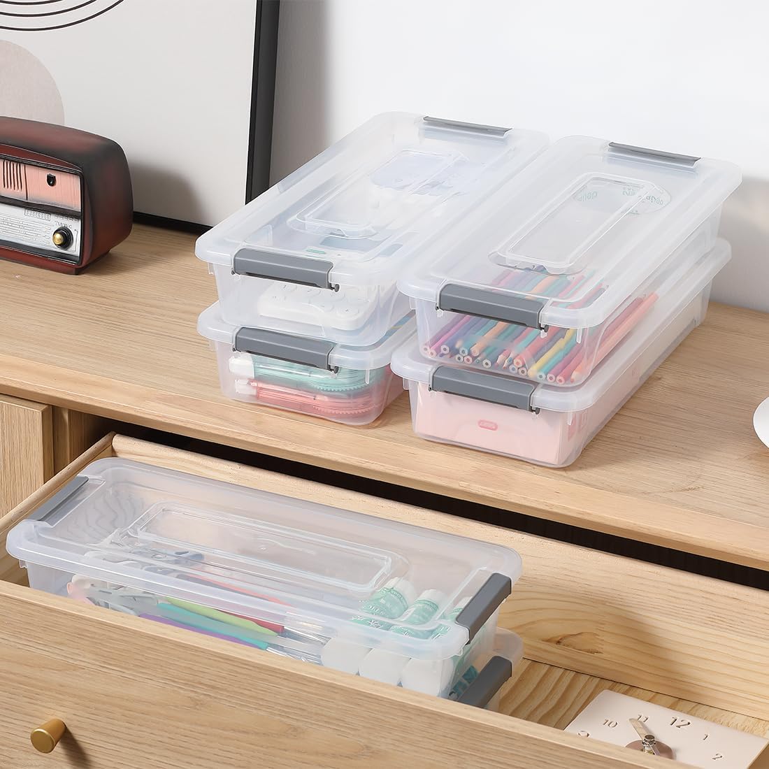 Plastic Storage Containers Clear Craft Storage Bins with Grey Handle,Organizer Box with Durable Lids Stackable Containers for Organizing Craft and Tools (8 Pack-4 Quart)