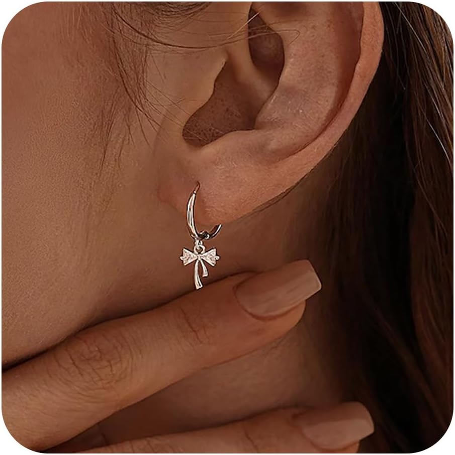 14K Gold Plated Ribbon Bow Huggie Earrings for Women, Small Opal Drop Hoop Earrings, Hypoallergenic Dainty CZ Wedding Earring Jewelry Gifts for Women Trendy