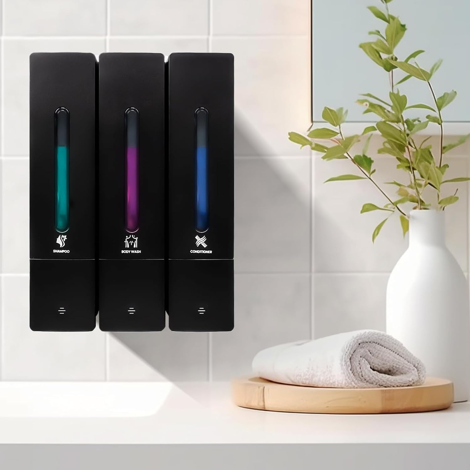 Shampoo and Conditioner Dispenser, 3 Chamber Wall Mounted Shower Soap Dispensers No Drill Body Wash Dispenser Refillable for Bathroom Hotel Use (3 x 400ML, Black)