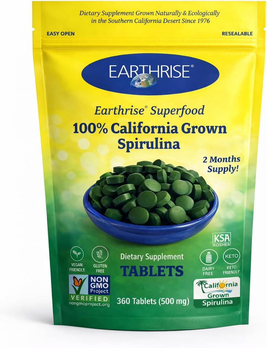 Superfood 100% California Grown Spirulina 500mg Tablets (360 Count), Natural Premium Spirulina, Vegan, Gluten Free, Keto Friendly, Non -GMO, High in Vitamins & Minerals