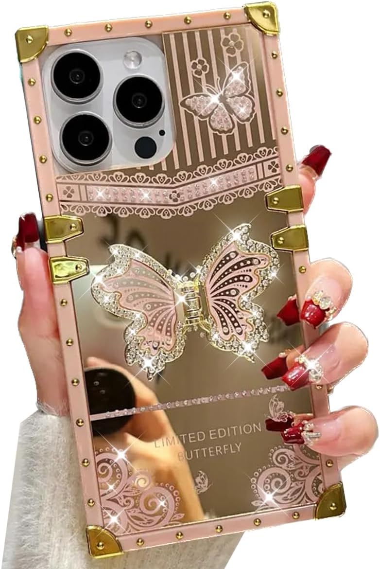 AuroiCYY for iPhone 15 Pro Max Butterfly Stand Case, Glitter Bling Foldable Kickstand Woman Girly Mirror Back Golden Plated Shockproof Protective Elegant Cute Soft Cover for iPhone 15 Pro Max (Pink)