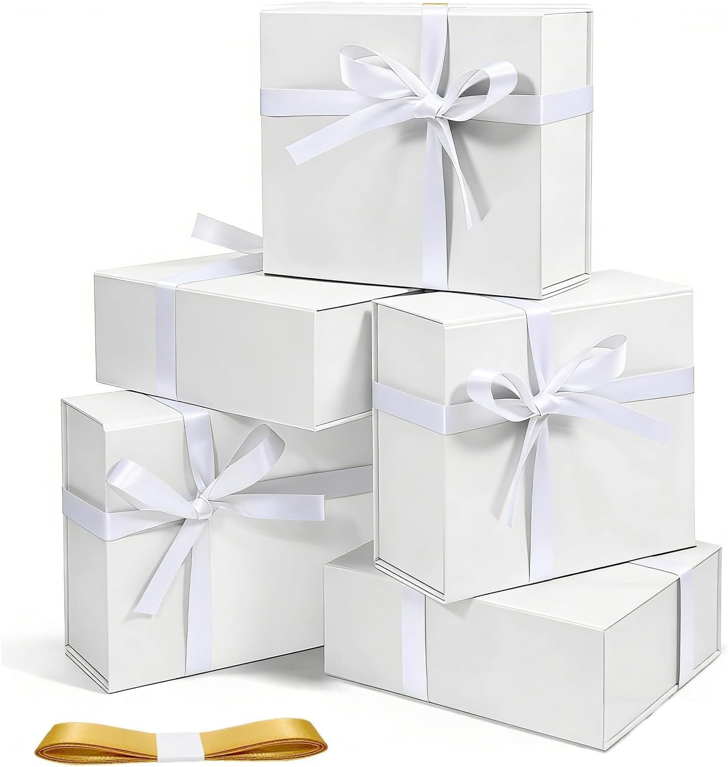 Corsiampoo 5 Pack White Gift Box, 8x7x3 Inches Gift Boxes with Magnetic Lids and Bow Ribbons, Ideal for Valentine's Day, Groomsman Proposal, Wedding, Christmas, Birthday Gift Packaging